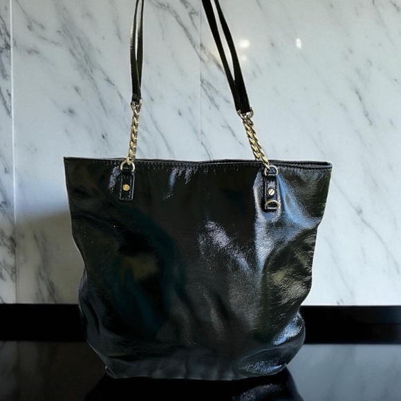 MICHAEL Michael Kors Black Patent Leather Shoulder Bag | Chain Strap Tote - Picture 1 of 10